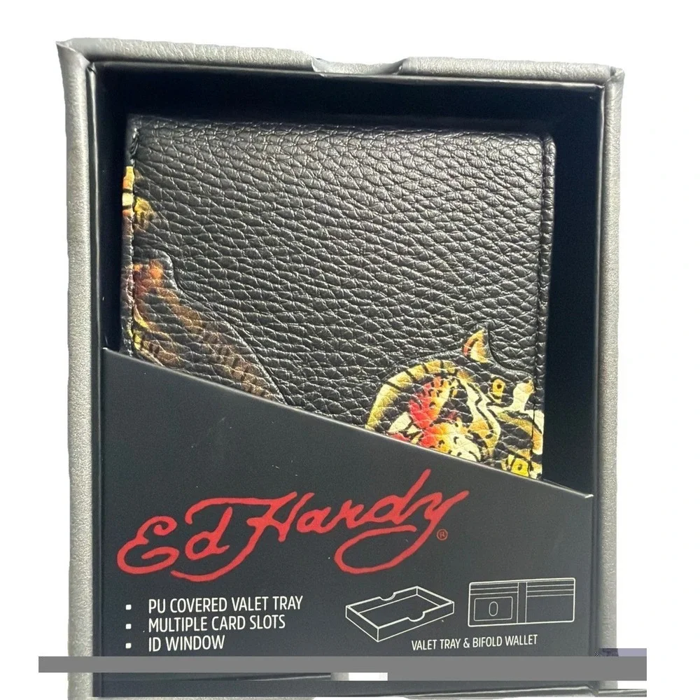 Ed Hardy Men's Black Wallet Bi-fold With Valet Tray PU Leather Tiger Tattoo New